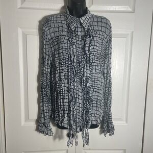 Le Caviar Shirt Women XL Gray Black Geometric Crinkle Ruffle Long Sleeve Blouse